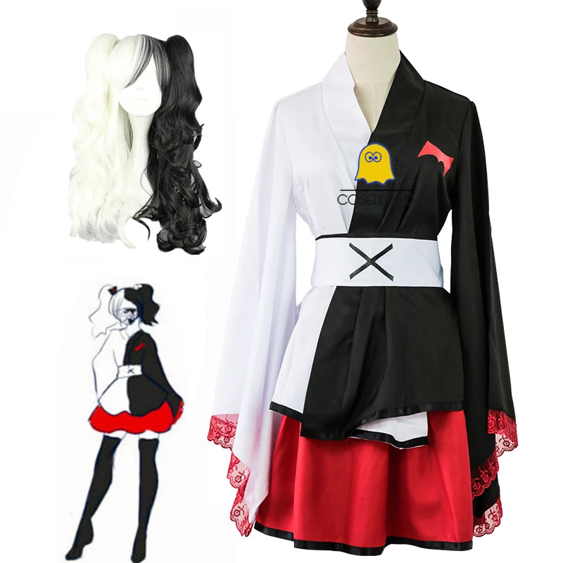 

Danganronpa Косплей Монокума костюм для женщин Dangan Ronpa Черно-белое кимоно длинный парик платье костюм на Хэллоуин для девочек ролевые игры