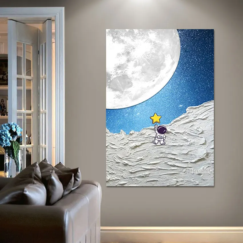 

Bedroom Wall Decor Poster Space Moon Cartoon Oil Painting Canvas Wall Decoration Knife Thick Acrylic Art Picture Large Artwork