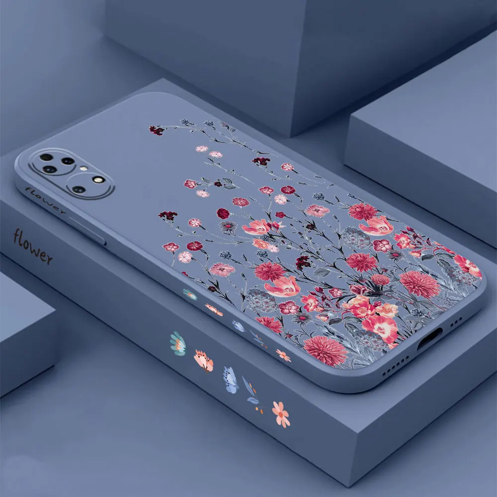 Romantic Garden Flower Phone Case For Huawei P60 P50 P40 P30 P20 Mate 50 40 30 20 20X 10 Colour Liquid Silicone Cover Funda Capa