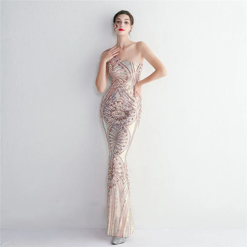 Sexy Women One Shoulder 2023 New In Summer Sequined Evening Party Cocktail Prom Bodycon Long Maxi dress