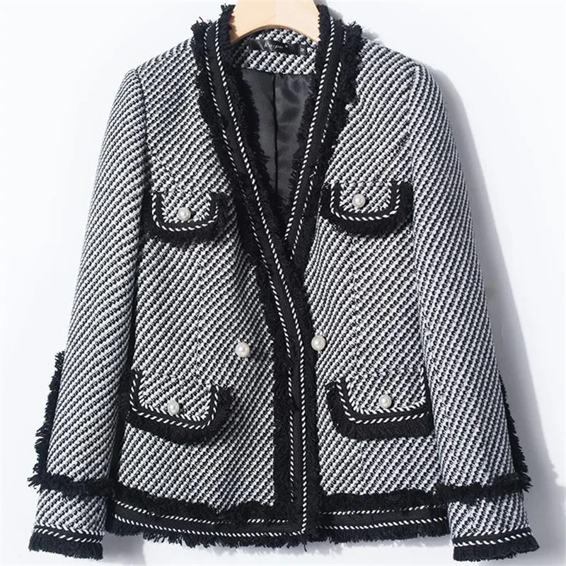 Black white plaid coat women's elegant V neck tweed suit autumn and winter jacket