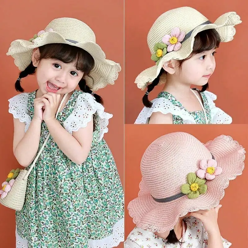 

3-7Years Kids Baby Girls Straw Hat 2022 Summer Children Sunflower Lace Sunhats Boho Beach Hats Fisherman Cap