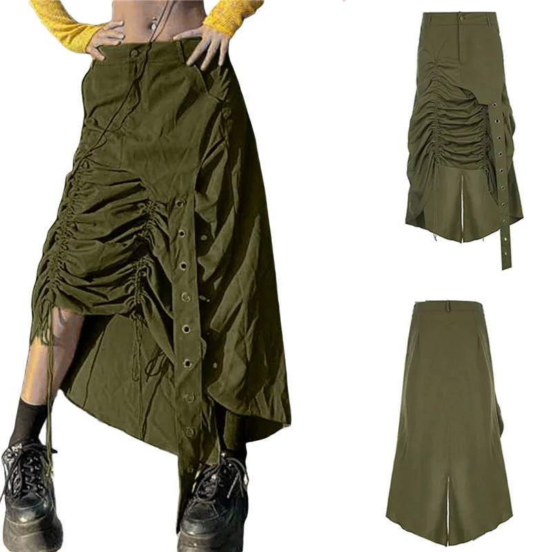 

Women's Solid Color Ruched Skirt Buttons Closure Tie-Up Bandages Cutout Holes Long Strap Street Style Irregular Midi Skirt Fall