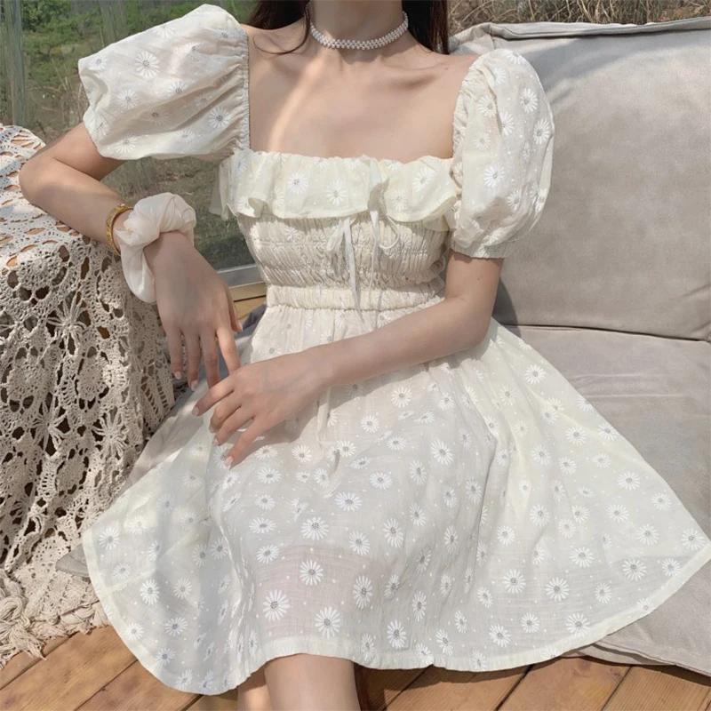 Vestidos franceses para mujer, manga farol blanca, vestido de hada coreana, elegante de encaje de gasa Kawaii Vintage, novedad de verano 2022