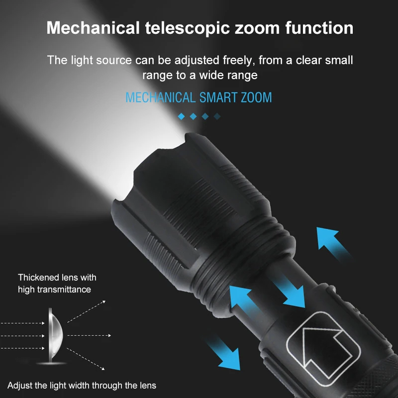 

Rechargeable Led Flashlight Zoomable 5 Modes USB Lamp XHP50 Bright Camping Tent Fishing Torch Waterproof Power Display Bike Lamp