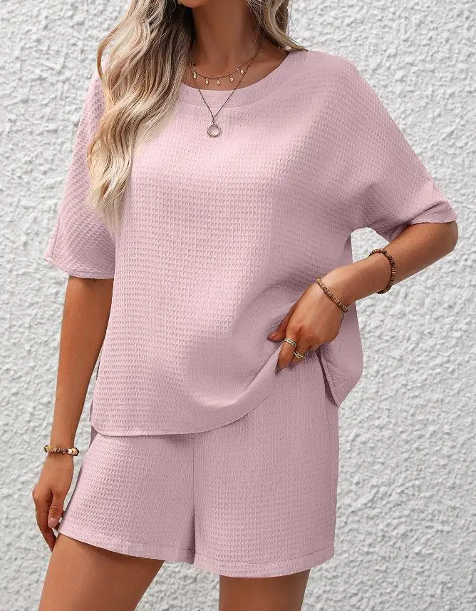 

2 Piece Set Women Outfit 2023 Summer Fashion Solid Color Casual Round Neck Short Sleeve Top & High Waist Daily Loose Shorts Set
