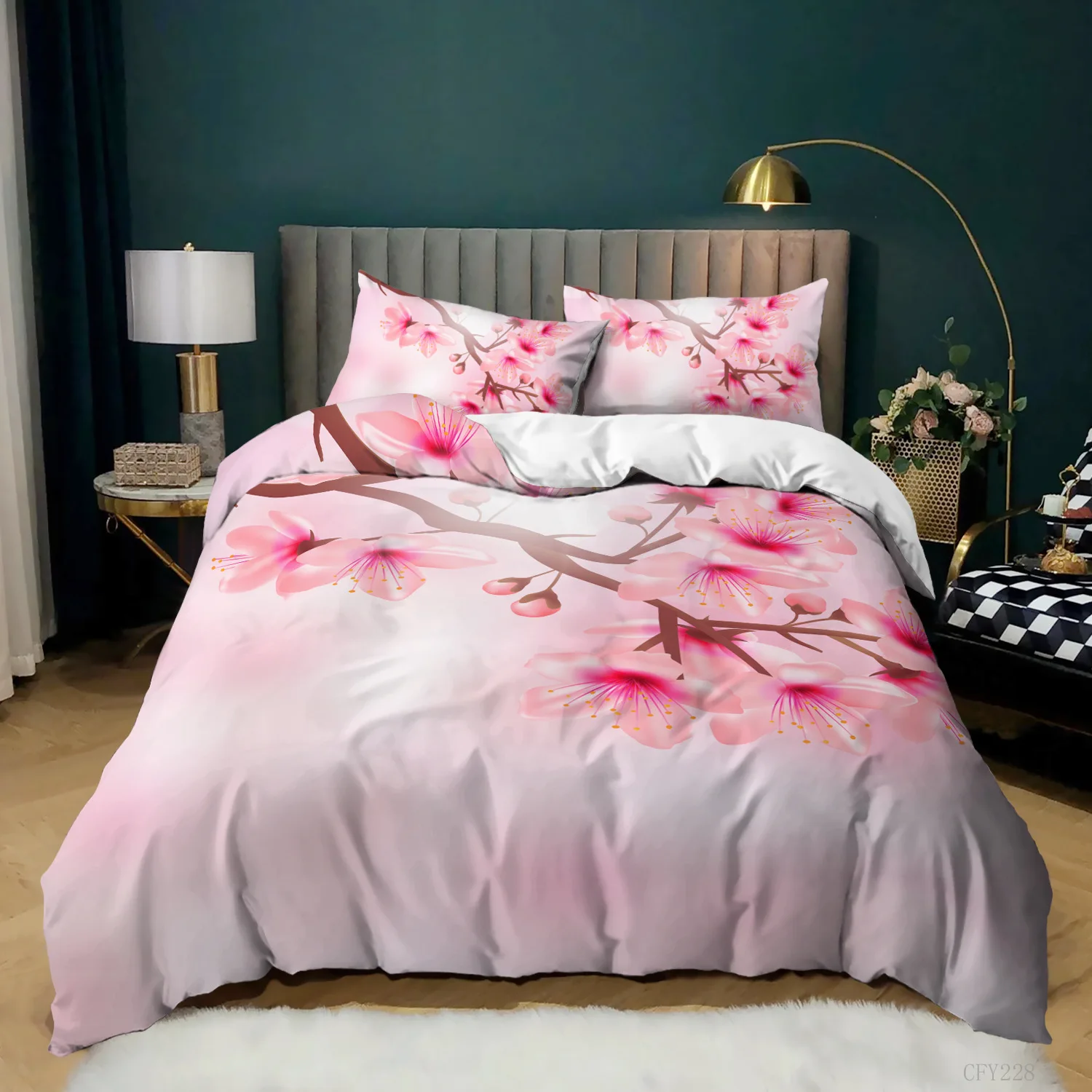 

Plum Blossom Duvet Cover Set King Pink Flower Quilt Cover for Girls Microfiber Branches Printed Japanese Ink Style Bedding Set