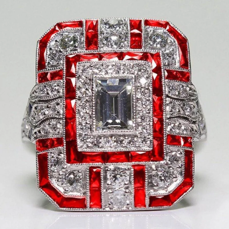 

Milangirl Vintage Luxury Ethnic Red Green Purple Square Artificial Zircon Ring for Women Girls Party Jewelry s bijoux