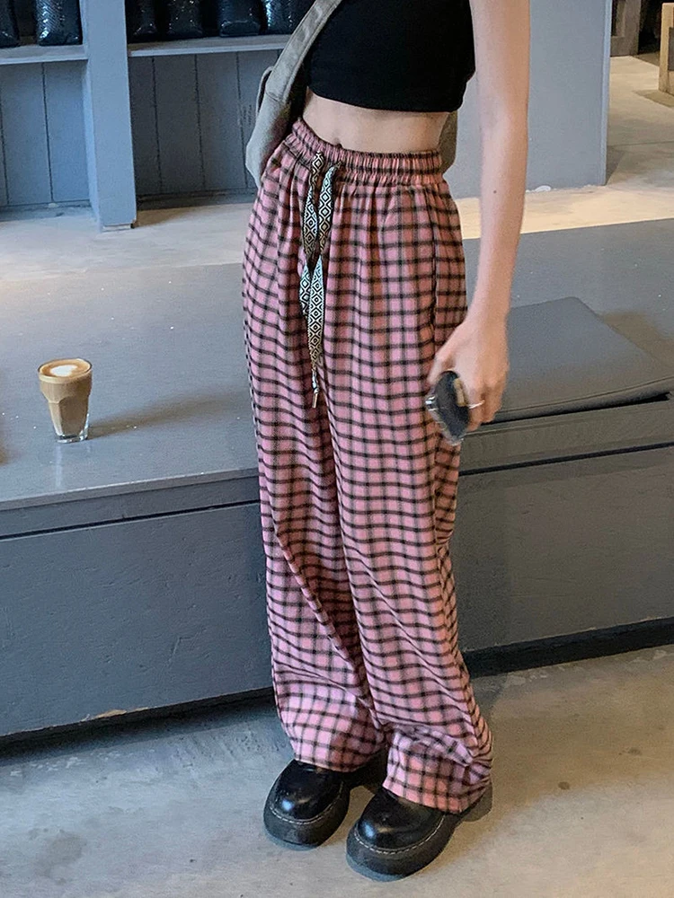 ZOKI Cute Pink Women Plaid Pants Casual 