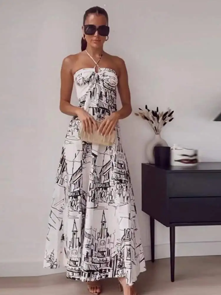 

Sexy Off Shoulder Print Halter Pleated Maxi Dresses Women Fashion Backless Sleeveless Dress Chic Casual Vacation Female Vestidos