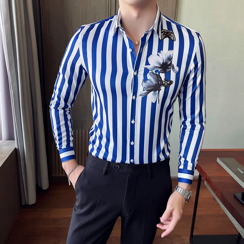 

Bright Color Striped Long Sleeve Shirts For Men Streetwear Fashion Button Down Slim Fit Mens Casual Floral Shirt Plus Size 4XL-M