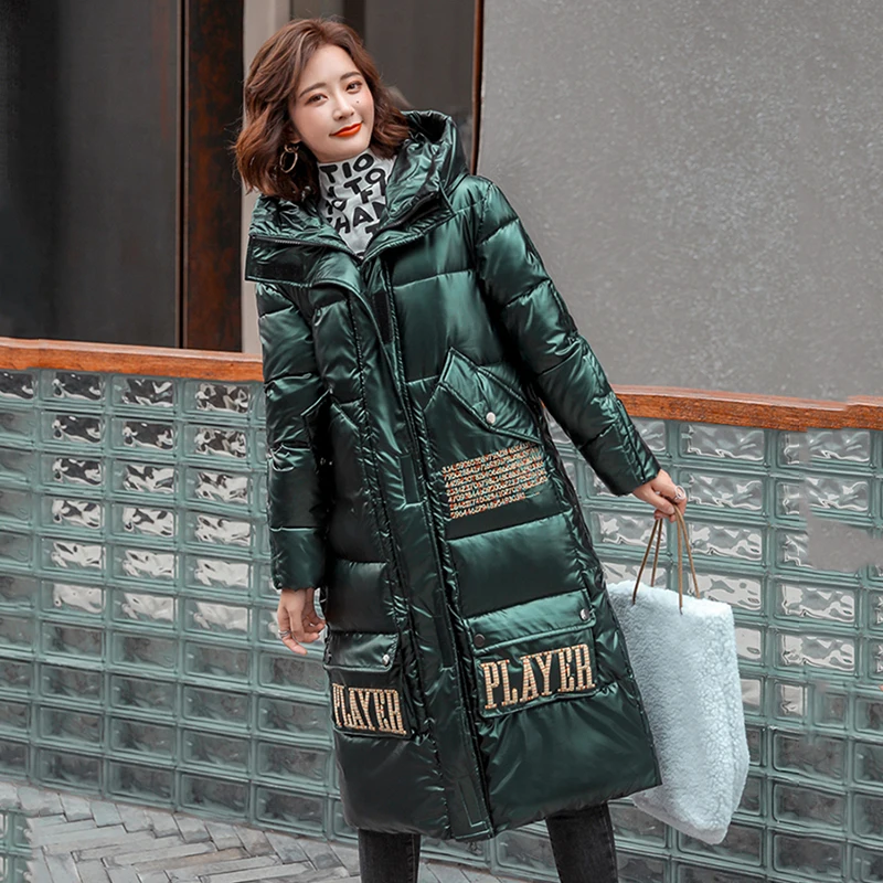 Casual Stand Collar Overcoat with Zipper Women Hooded Shiny Coats Letter Printing Winter Long Jackets Female Down Cotton Parkas
