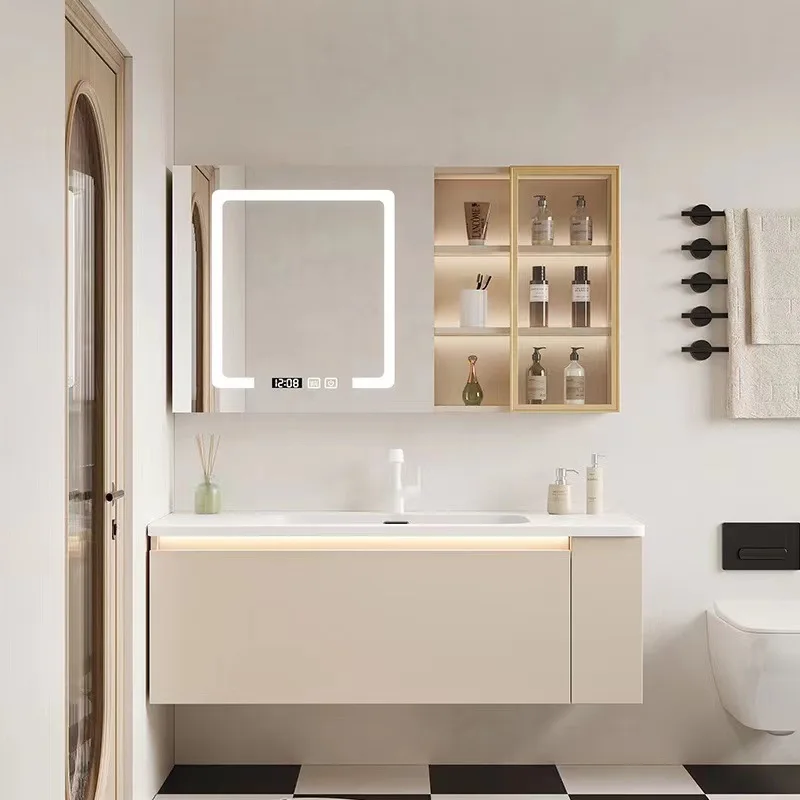 

Solid Wood Bathroom Cabinets Modern Smart Mirror Cabinet Integrated Bwashbasin Bathroom Vanity Cabinet with Sink Home Furniture