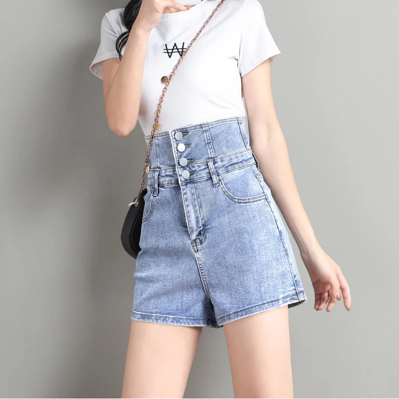 Multi-button Black Denim Shorts Summer Women Sexy Back Lace Up Design High Waist Hot Pants New White A-Line Loose Straight Jeans