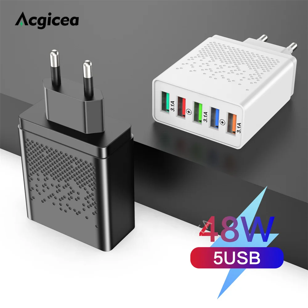 

48W USB Chargers QC 3.0 Wall Charge For iPhone 13 12 11 X Samsung Xiaomi 5 Ports Mobile Charger Adapter Fast Charging EU US Plug