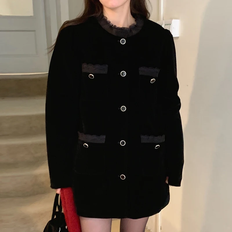 

Autumn Winter Retro Fragrant Wind Lace Round Neck Single Breasted Loose Casual Long Sleeved Velvet Dress Women