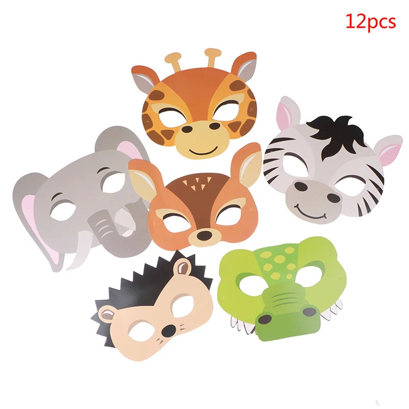 

12pcs Animal Mask Birthday Party Supplies Handmade Paper Animal Masks Toy Cartoon Kids Party Costume Zoo Jungle Mask Party Toys