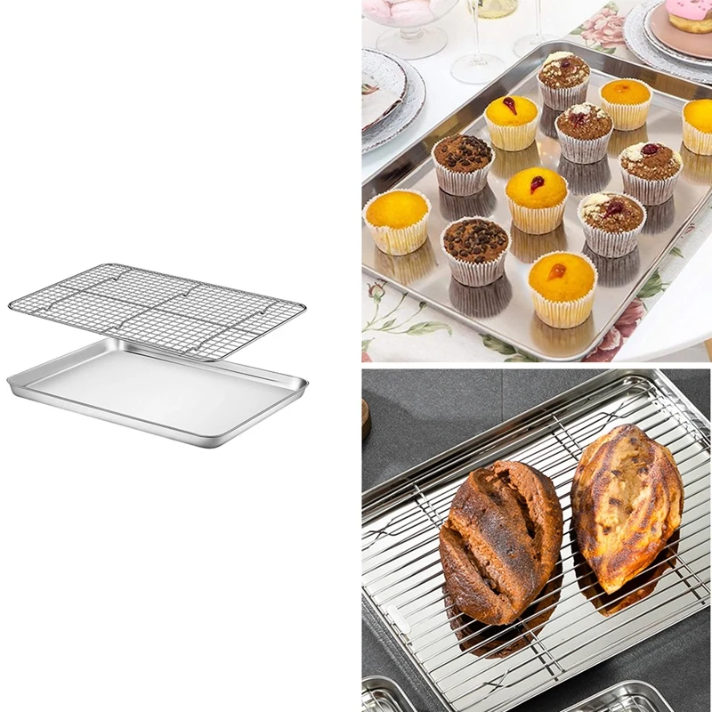 

Baking Tray With Grill Set- Stainless Steel Heavy Duty Biscuit Half Oven Tray