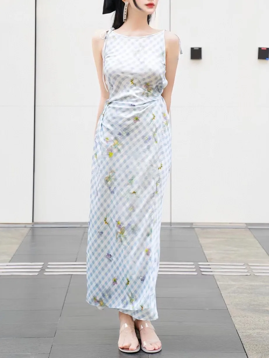 Women Plaid Flower Print O-Neck Sleeveless Lace Up Waist Elegant Midi Dress