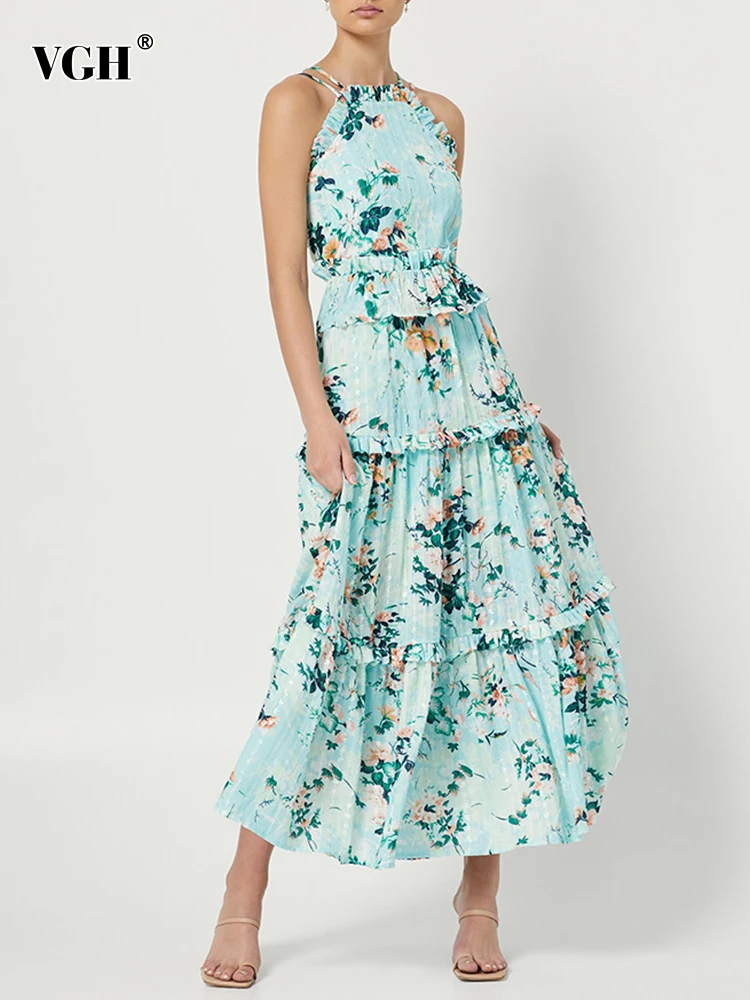 

VGH Halter Collar Dress For Women Sleeveless High Waist Print Floral Colorblock Midi Dresses Female Summer Fashion Clothes Style