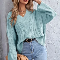 casual v neck loose sweater womens pullover 2021 winter solid color temperament commuter ladies sweaters pullover knitted tops