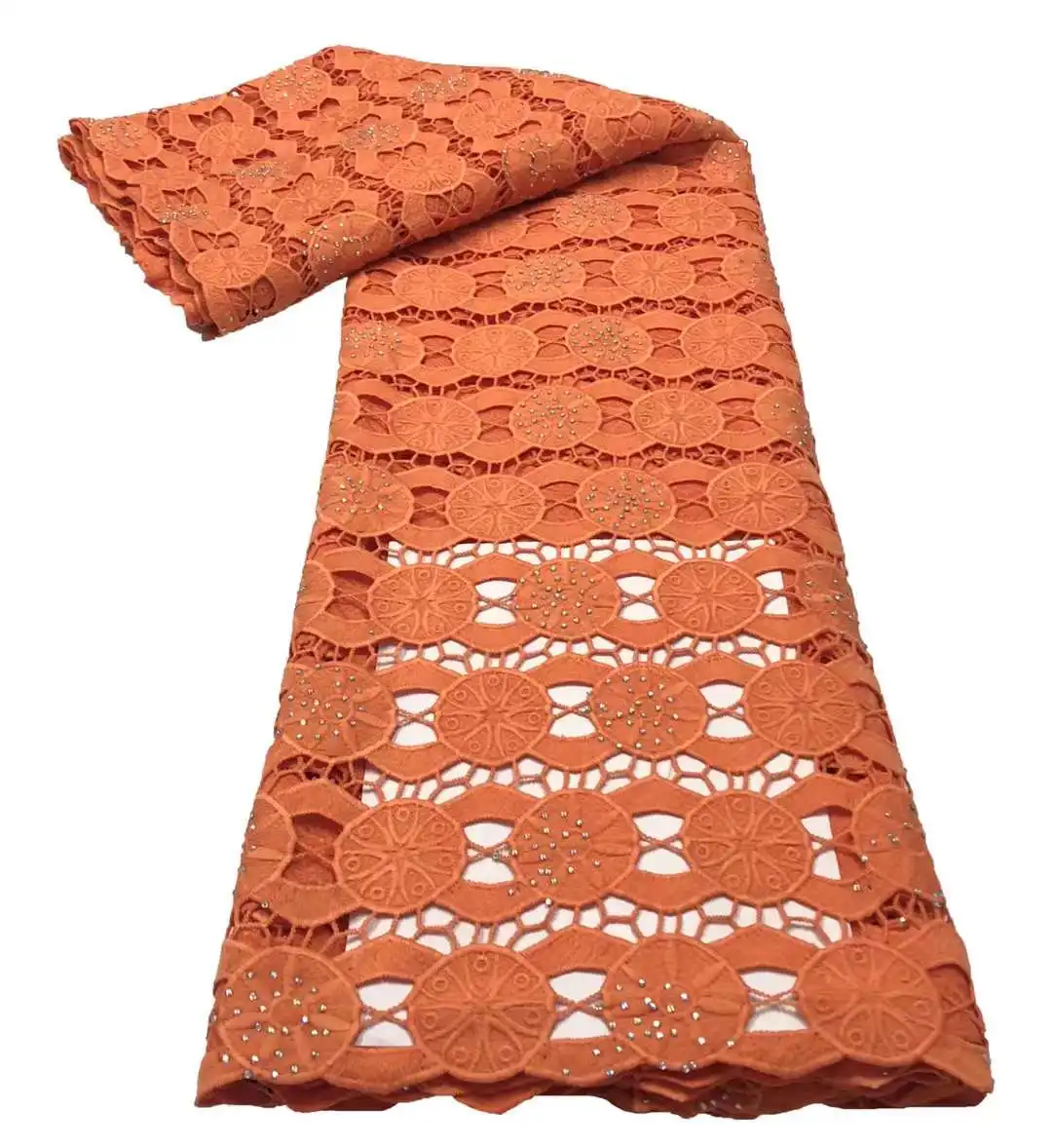 

Orange Guipure Lace Fabric With Sequence High Quality Embroidery Water Soluble Sequins African Cord Lace Fabric RFG1-34