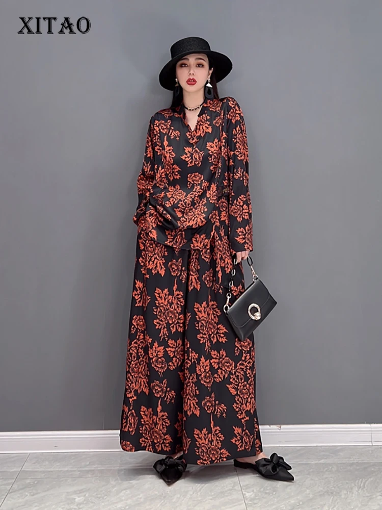 

XITAO Print Pants Sets Loose Fashion Vintage Contrast Color Simplicity V-neck Top Wide Leg Pants Two Pieces Sets WMD5276