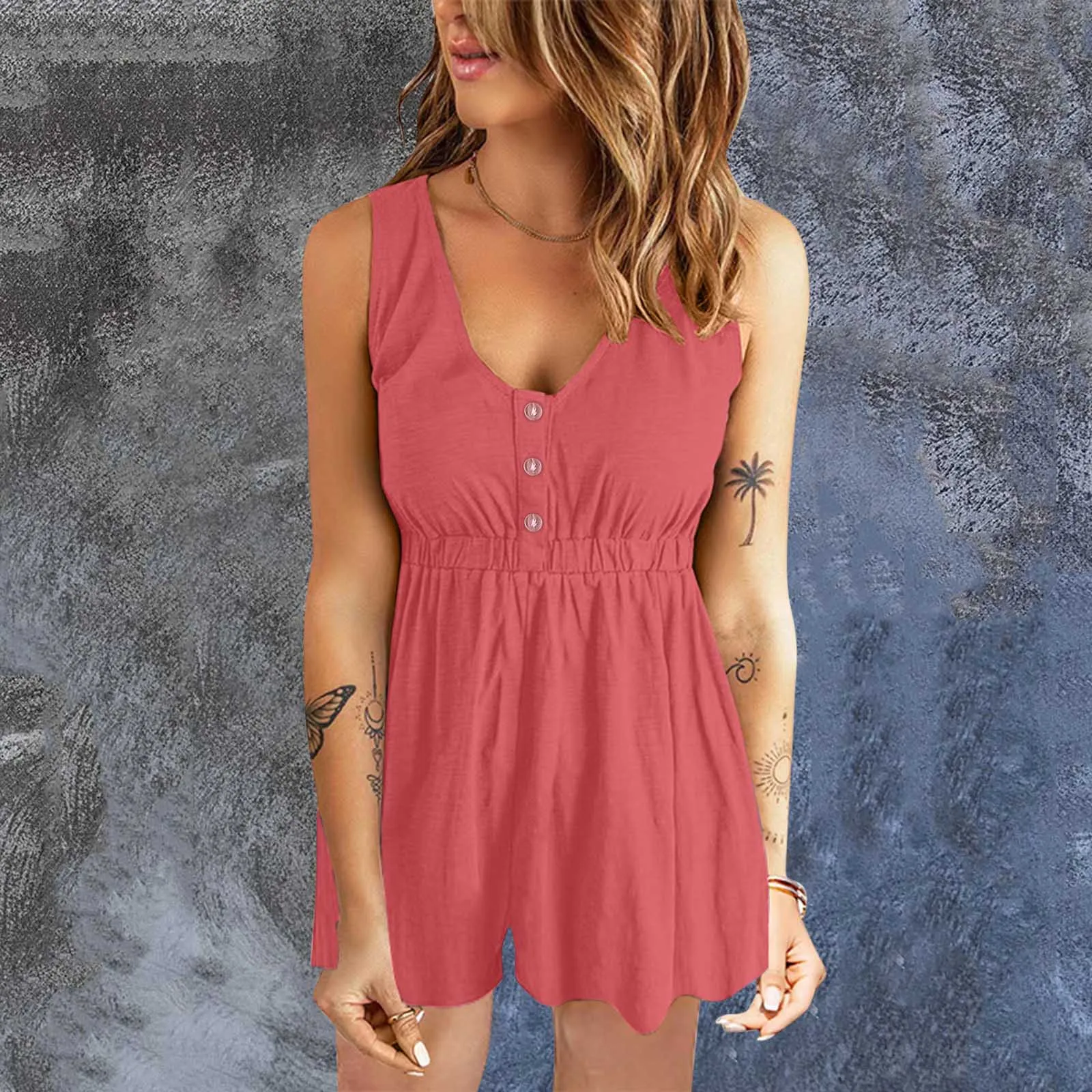 

Womens Summer Casual Shorts Jumpsuit Plain Scoop Neck Button Down Sleeveless Tank Top Romper for Women Girls Interview Suit