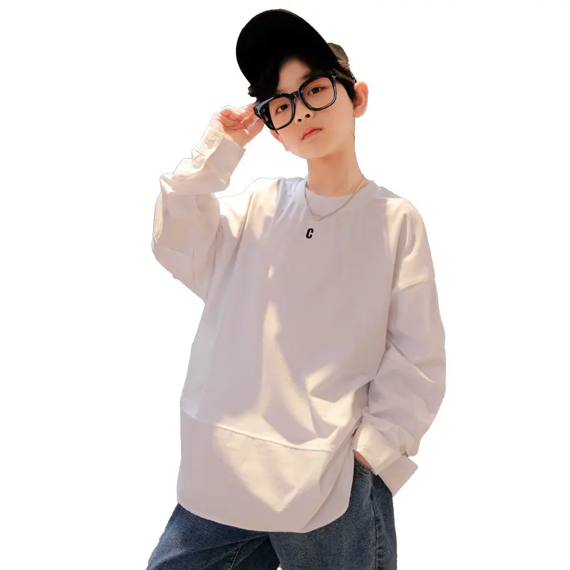 

New Arrivals Long Sleeve Tshirts for Boys Black White Color Tees Tops Spring Autumn Bottom Cotton Clothes Teenager Loose T-Shirt