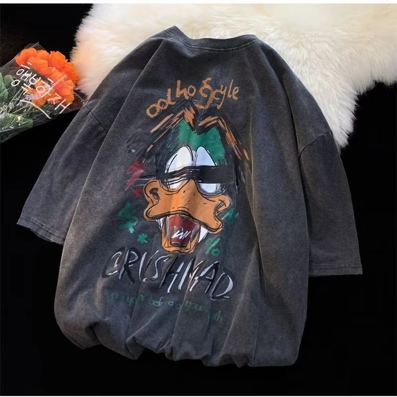 

Harajuku Duck Print Washed Black Short Sleeve T Shirt Men's Vintage High Street Casual T-Shirt
