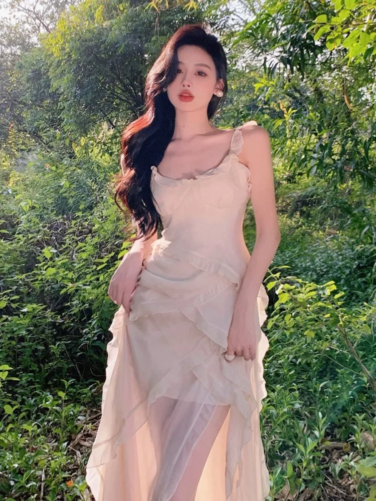 

Summer New Women Elegant Sexy Sleeveless Midi Dress Spaghetti Strap Slim One Piece Lady Prom Vestidos Clothes