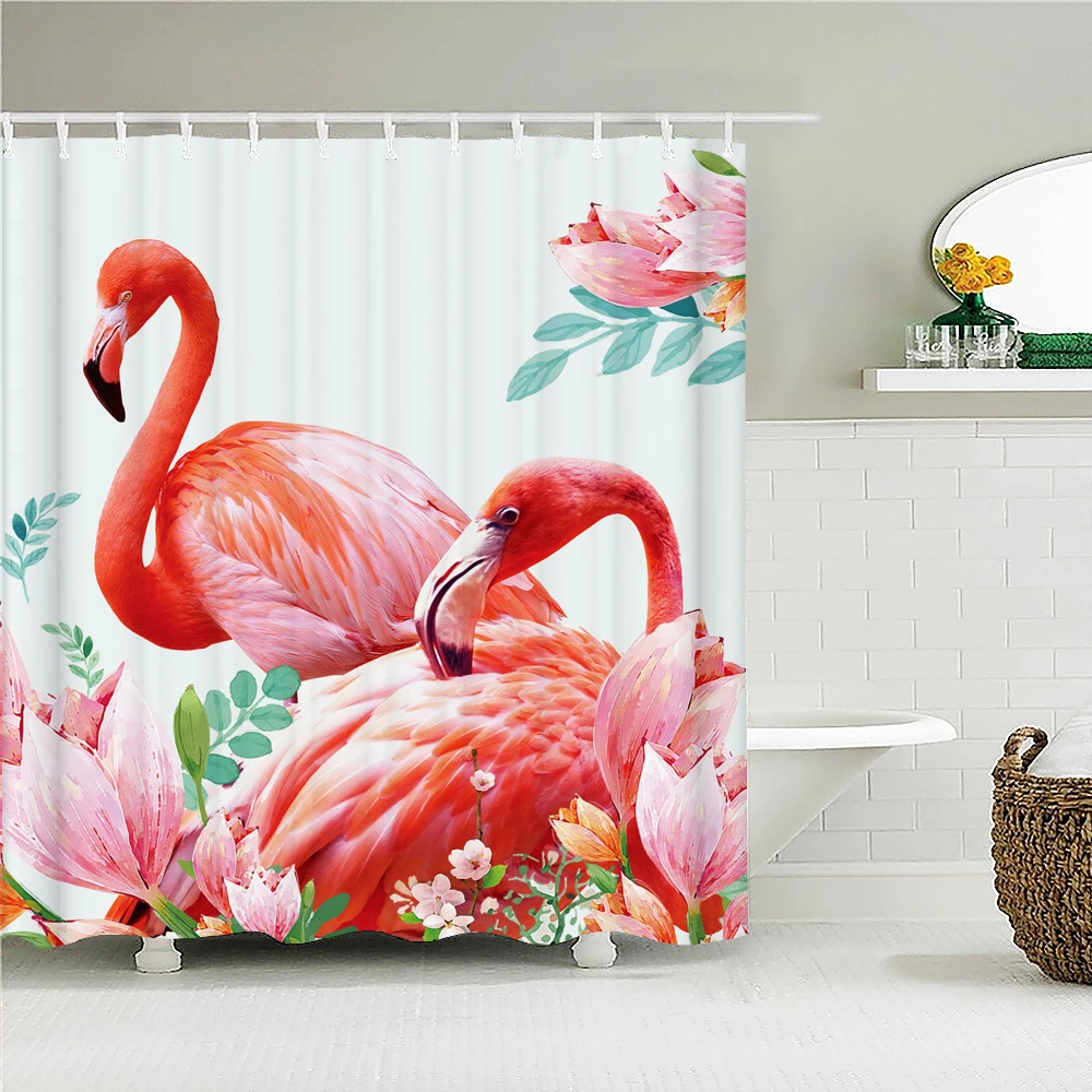 

Занавеска для ванны с рисунком фламинго, водонепроницаемая занавеска для душа из ткани в скандинавском стиле, с цветами, с птицами, экран дл...