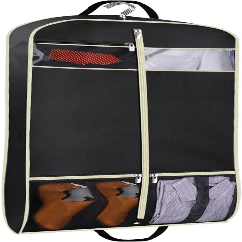

Deluxe Black Gusseted Travel Hanging Garment Bag with 2 Zippered Mesh Pockets for Dress, Suit and Shirt Protection, 43" Long.