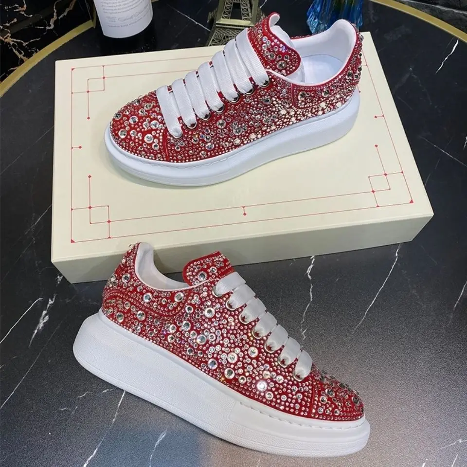 Versatile Casual Breathable Sneakers Men's and Women's Same Rhinestone Classic White Shoes Student Korean Style Clunky Sneakers
