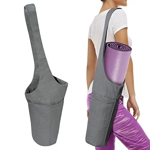 

Yoga Mat Bag, Cotton Yoga Mat Carrier W/Large Side Pocket and Zipper Packet, Gray