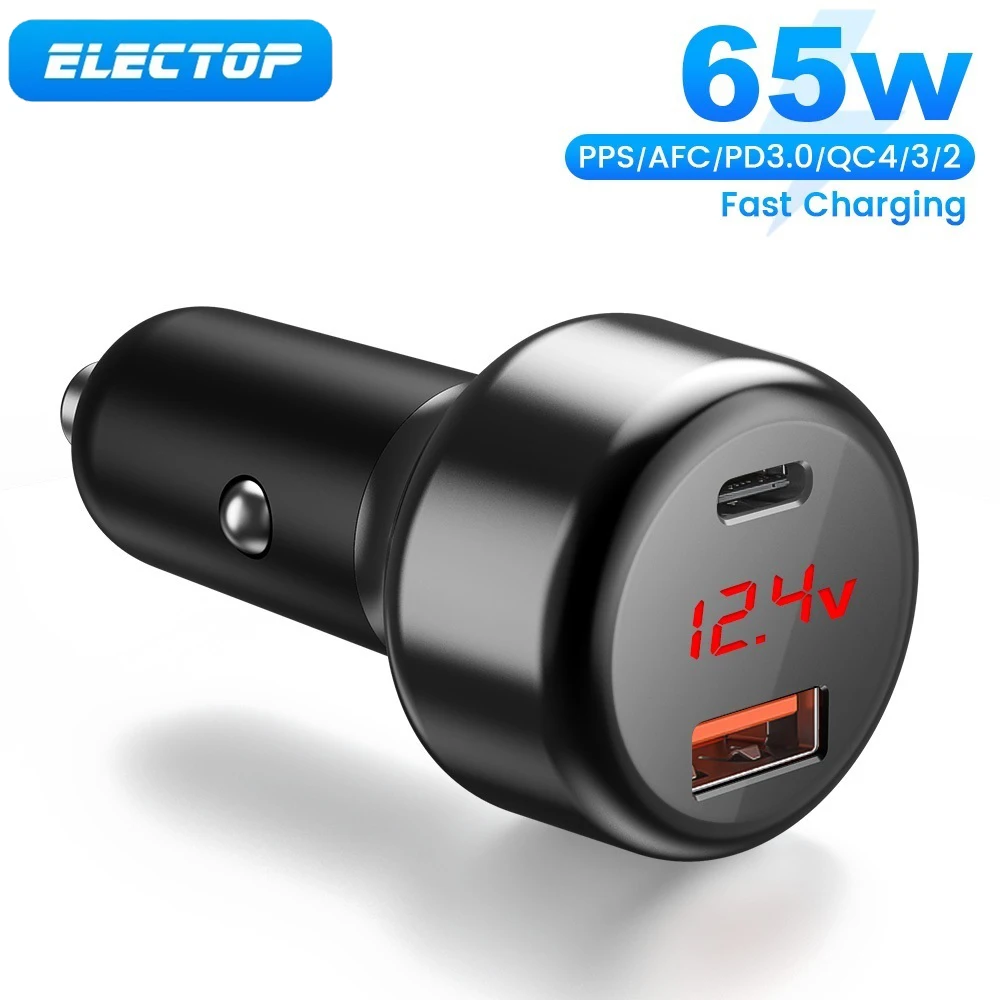 

ELECTOP USB C Car Charger PD 65W QC4.0 USB A Type C 2 Ports Fast Car Charger Adapter For iPhone Samsung Xiaomi Laptop Tablet
