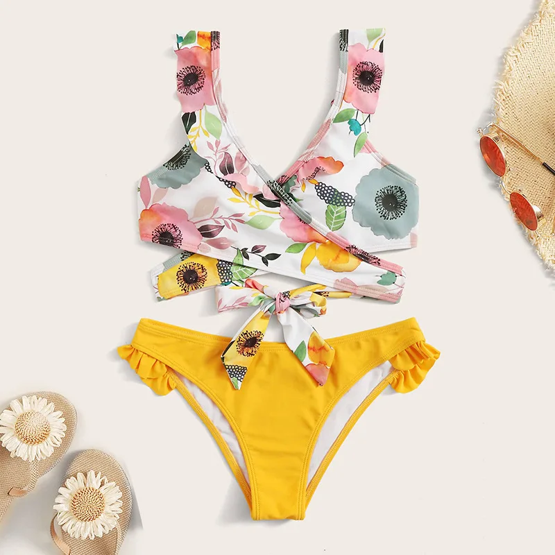 

Printed Cross Back Strap Yellow Sexy Split Swimsuit Women's 2022 New Swimwear