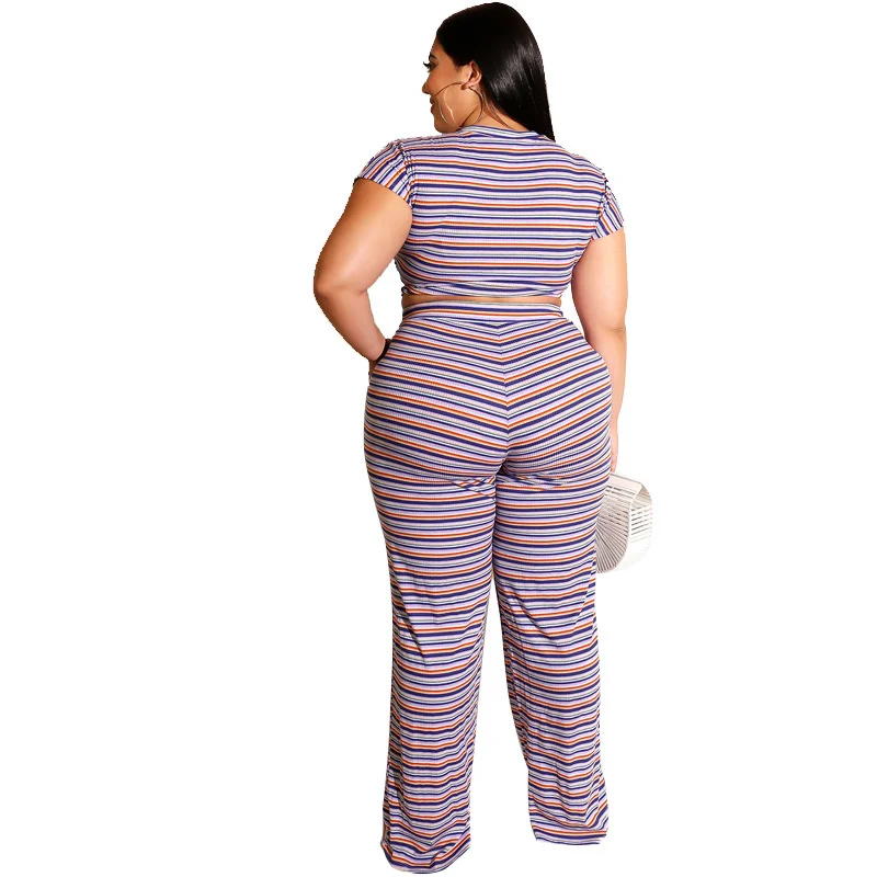 Plus Size Women Sexy Two Pieces Sets Summer 2019 Female Short Sleeve Pants Elasticity Striped Casual 3xl 4xl 5xl 6xl