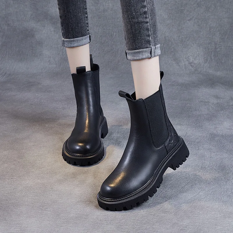 Vintage Martin boots female autumn and winter 2023 new net red leather elastic boots in smoke tube Martin shoes Chelsea boots