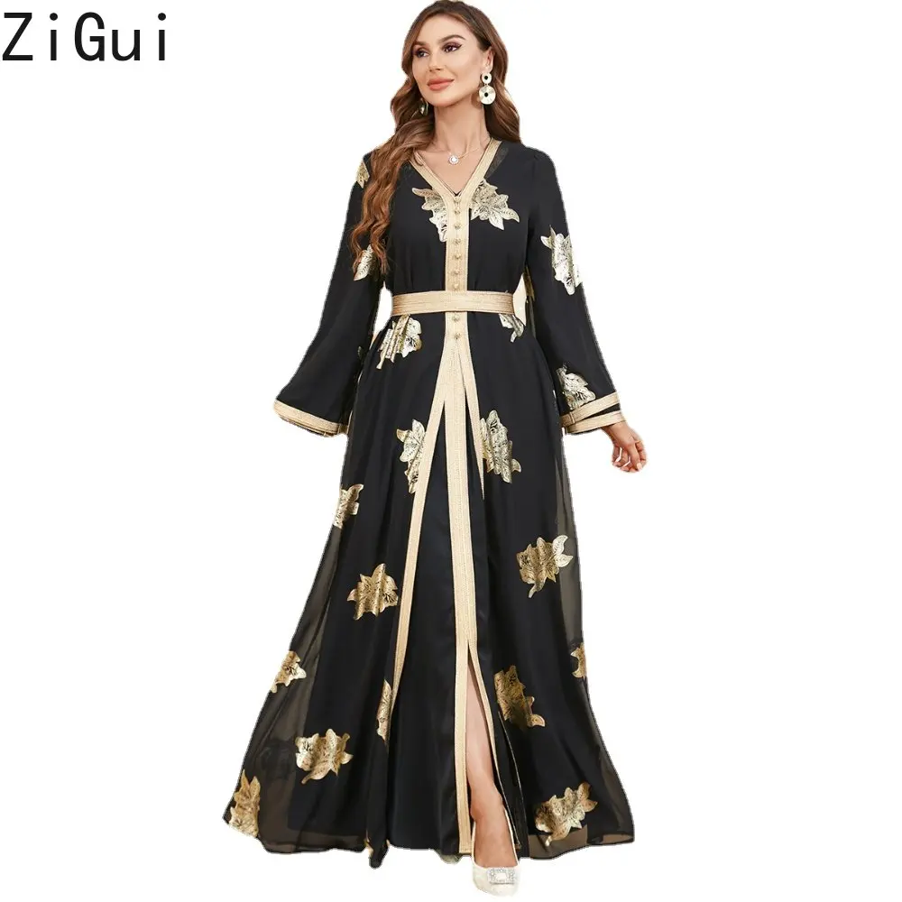 

Night Dress Long Sleeve V Neck 2Pcs Suit Robe Belt Black Chiffon Gold Bronzing Luxury Dubai Evening Dress