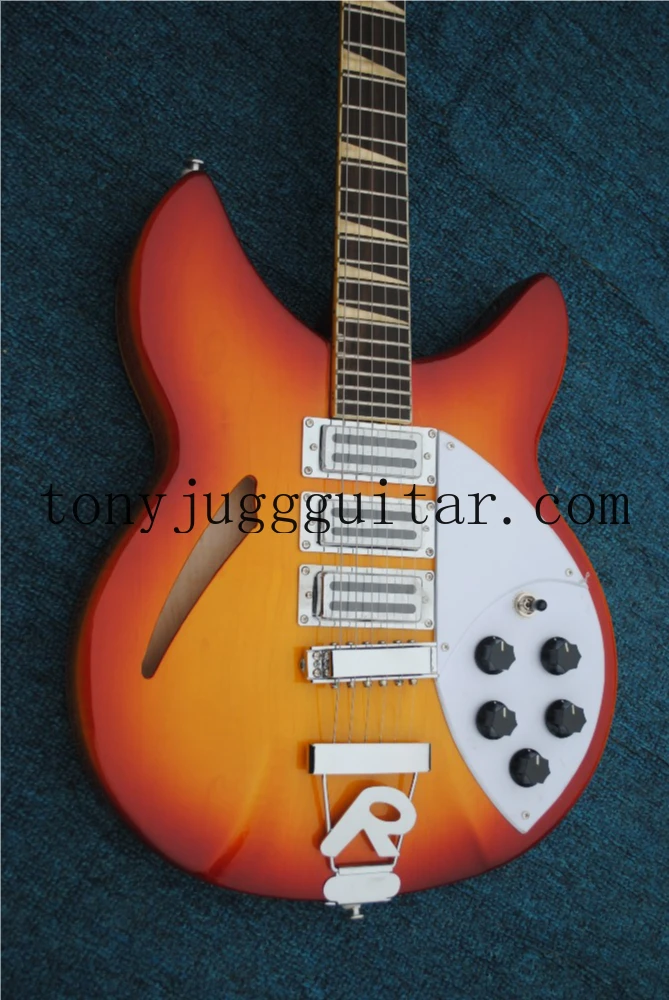 

Ken Cherry Sunburst 360 330 Semi Hollow Body 6 Strings Electric Guitar 3 Pickups Yellow Triangle MOP Fretboard Inlay