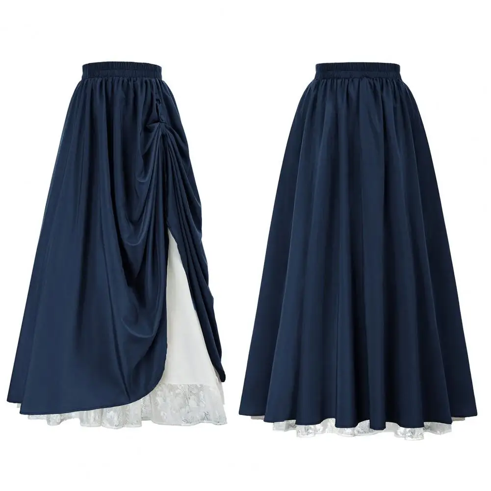 

Lace Panel Skirt Double Layer Long Skirt Elegant Lace Stitching Maxi Skirt Retro A-line Style Double Layered Design for Women's