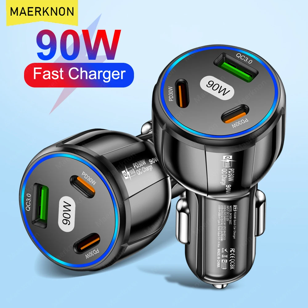 90W USB Car Charger 3 Port PD Type C Fast Charging Car Phone Adapter For iPhone 14 13 Xiaomi Samsung Quick Charge Charger In Car