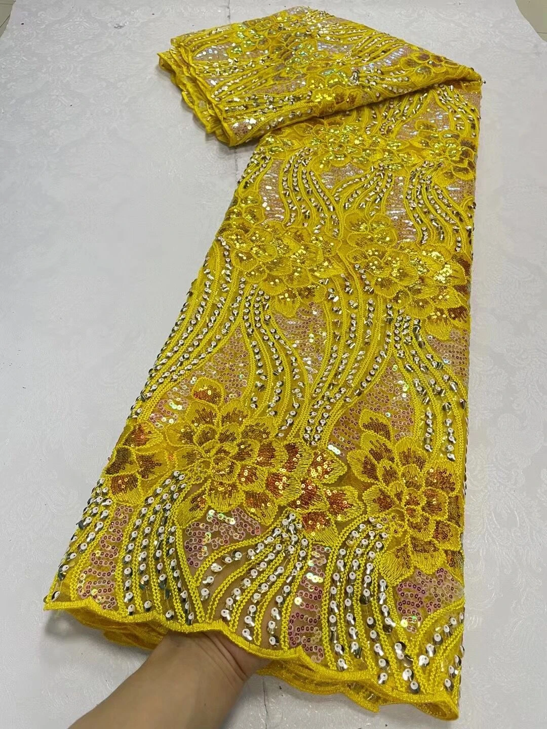 

African Mesh Lace Fabric Sequins For Women Party Dresses Embroidery Sewing Bright Fashion Nigerian Yellow Cloth Fabrics 5Yards