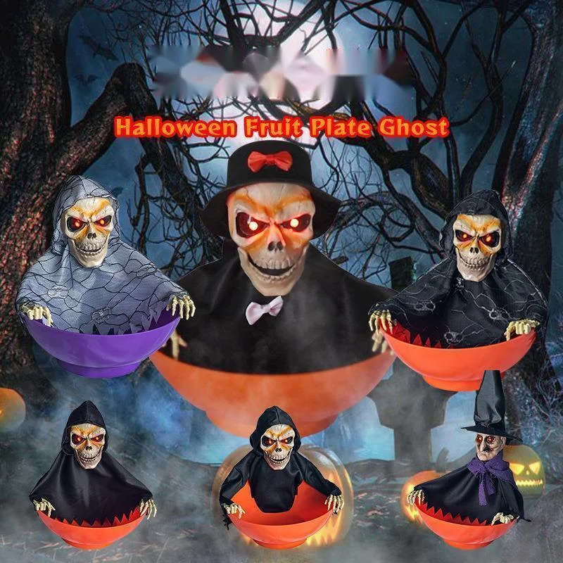 

Halloween Electric Fruit Plate Ghost Party Props Glow Swing Sense Sound Head Telescopic Ghost Festival Arrangement Home Decor