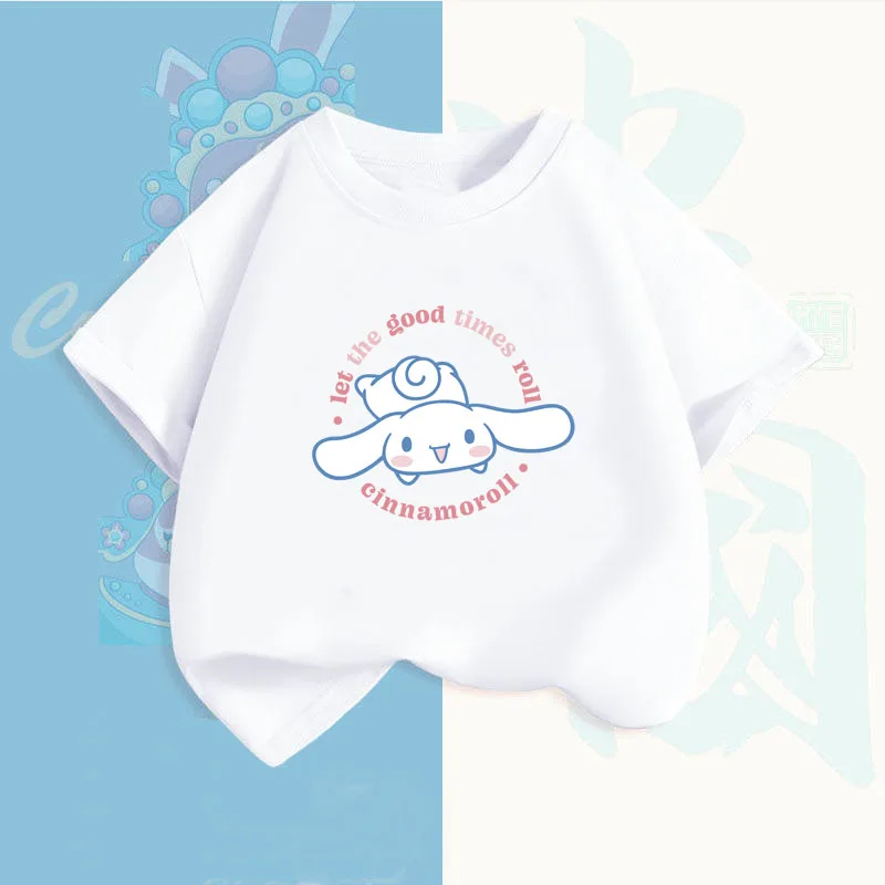 

Летняя Детская футболка с мультяшным принтом Cinnamoroll, кавайная футболка Sanrio, аниме, повседневная одежда, детская спортивная одежда для девоч...