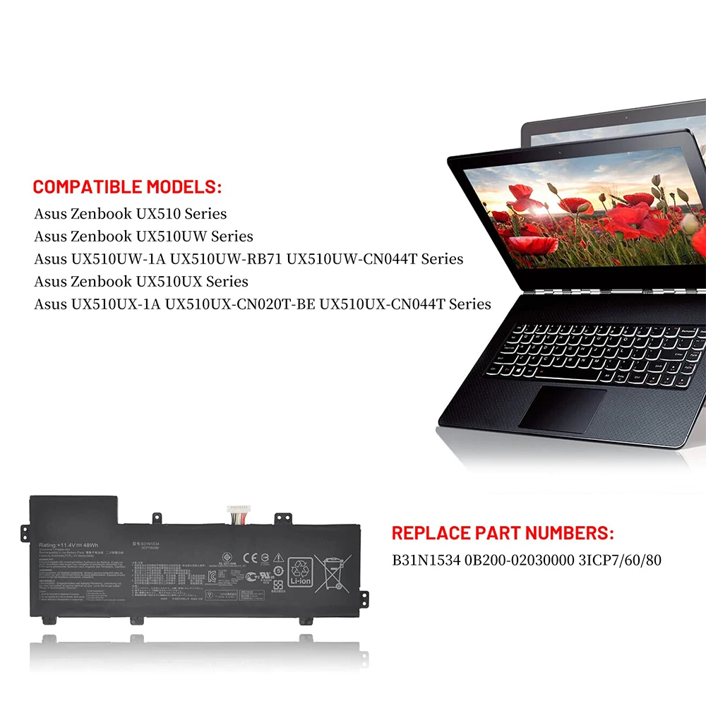 Фото Аккумулятор для ноутбука B31N1534 для Asus Zenbook U5000 UX510 UX510UW UX510UW-1A UX510UW-RB71 UX510UW-CN044T UX510UX-1A UX510UX-CN020T-BE №2
