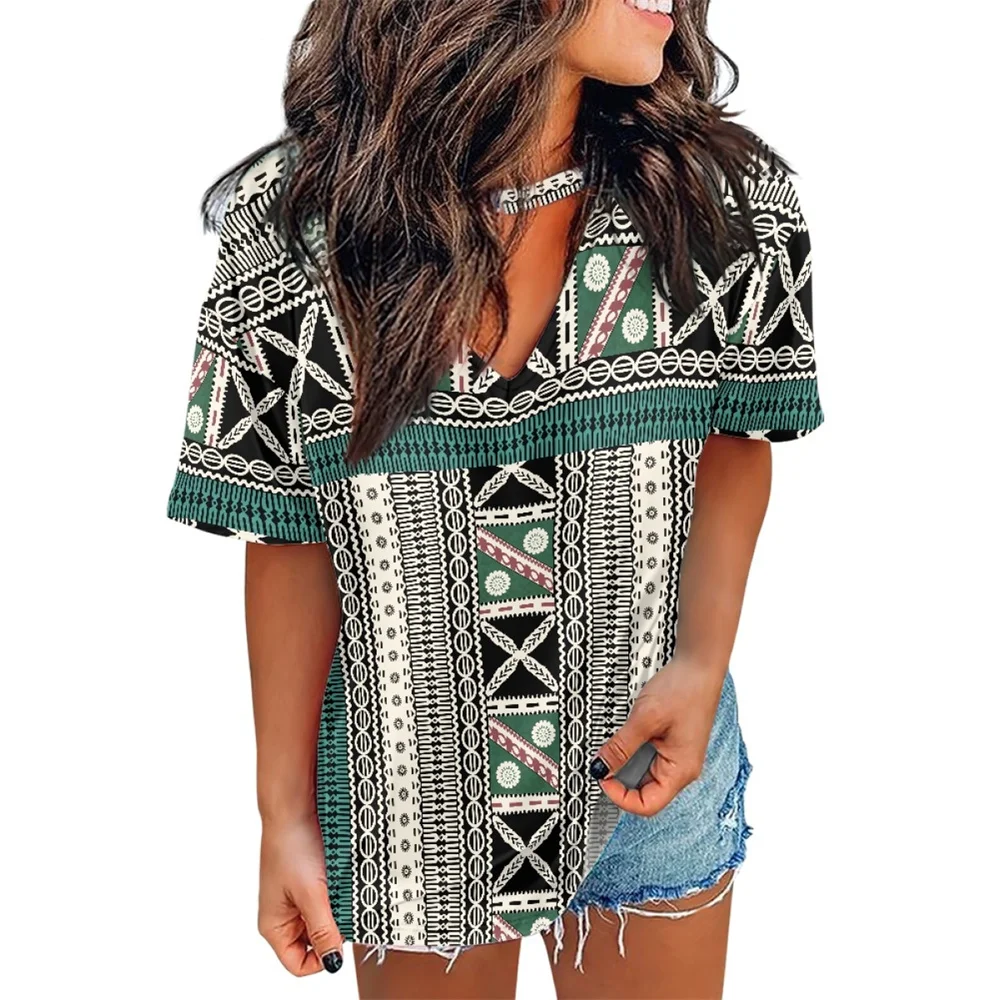 

Women's T-Shirt Casual Polynesian Tribal Vintage Clothes V Neck Pullover Short Sleeve Tapa Masi Print Loose Daily Tops Fijian