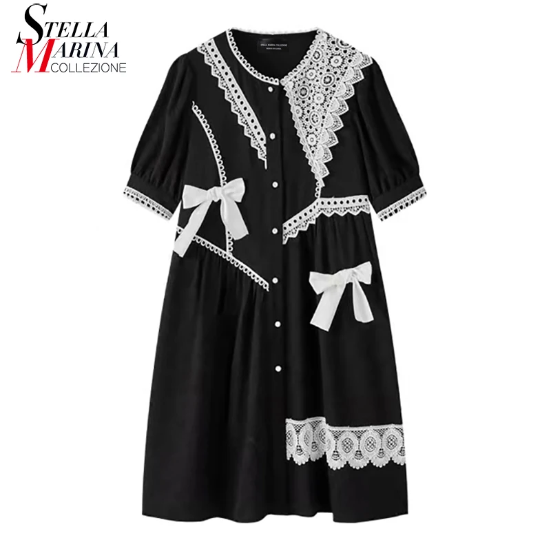 

New Woman Summer Casual Wear Black White Shirt Dress Bows Lace Stitched Girls Cute Korean Style Plus Size Dress Robe Femme WQ003
