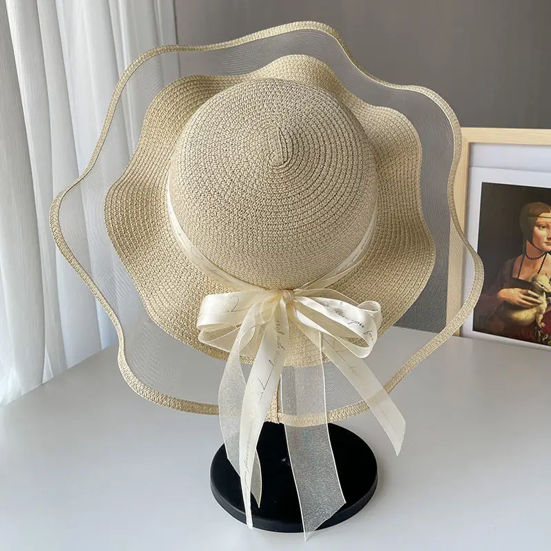 

Disney Sun beach sun protection Hat Women's mesh summer straw hat Bow Hat Large Brim Sun Protection hat seaside tourism holiday